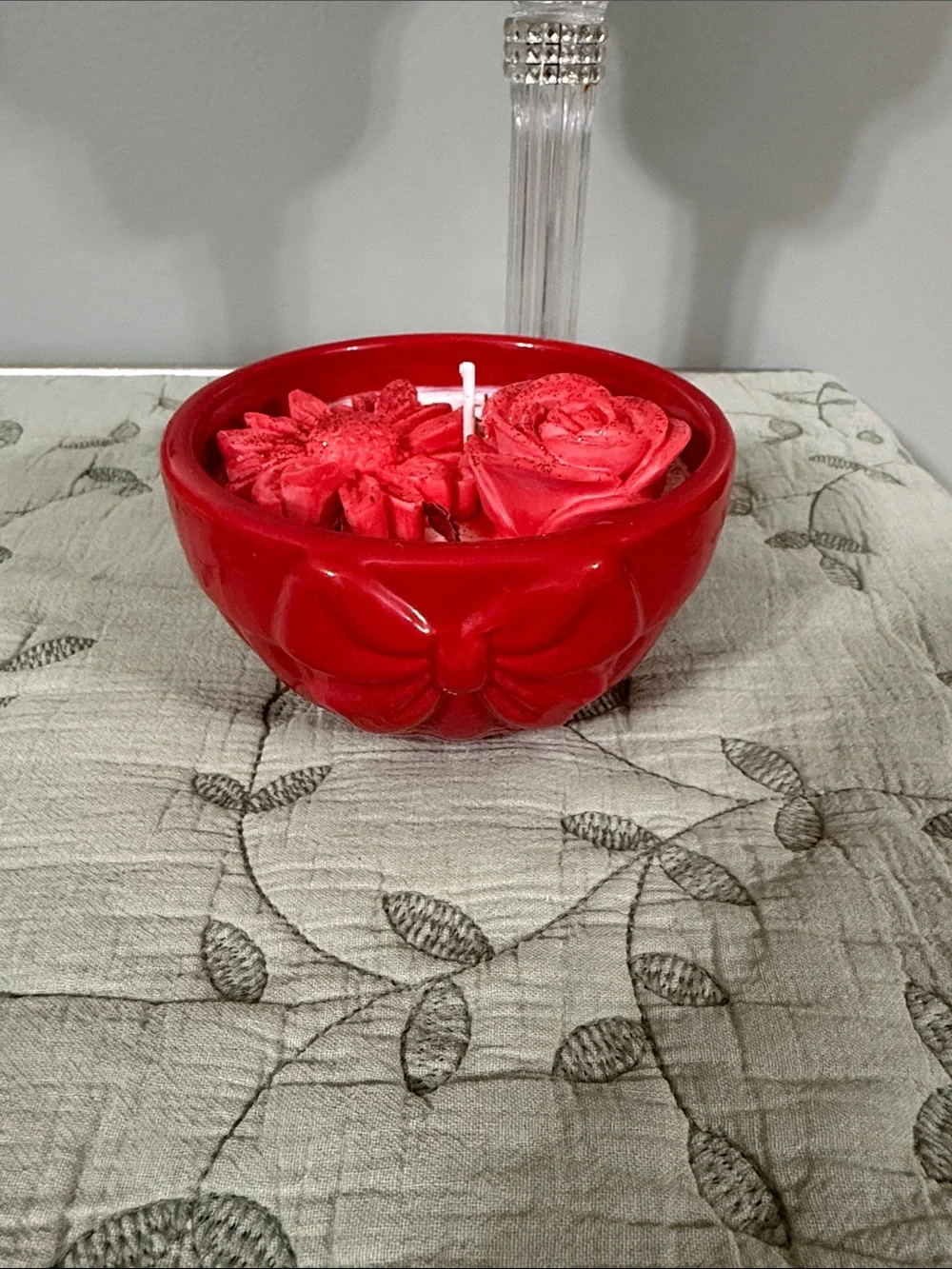Red Floral Bowl Candle - Decorative Rose & Blossom Accent